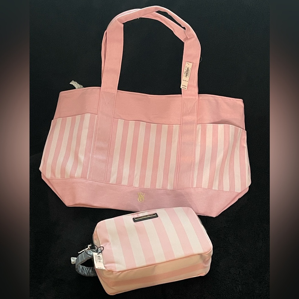 NEW Victoria's Secret iconic pink stripe Pocket Tote and makeup bag